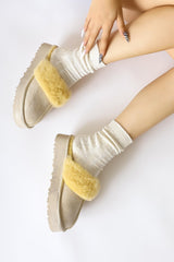 Anne-Margrete Beige Suede Faux Fur Detail Slippers