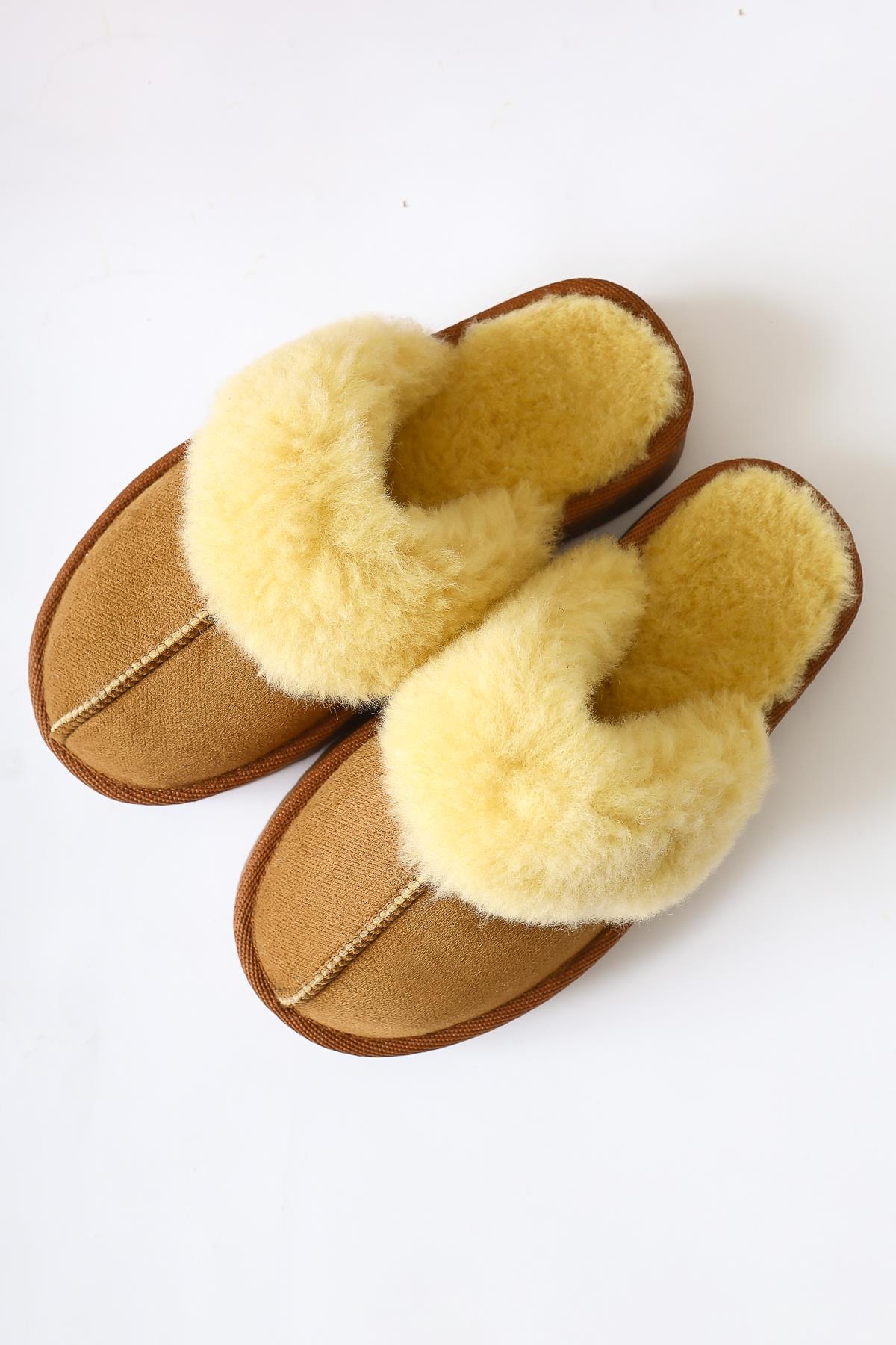 Anne-Margrete Tan Suede Faux Fur Detail Slippers