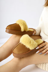 Anne-Margrete Tan Suede Faux Fur Detail Slippers