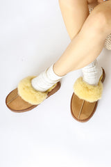 Anne-Margrete Tan Suede Faux Fur Detail Slippers