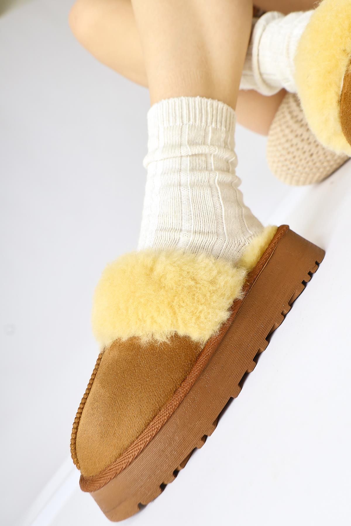 Anne-Margrete Tan Suede Faux Fur Detail Slippers