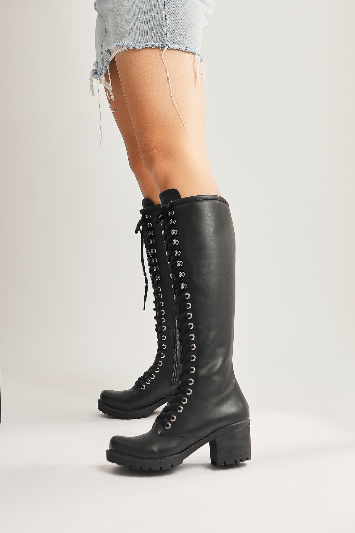 Annika Black Lace-Up Chunky Heeled Combat Boots