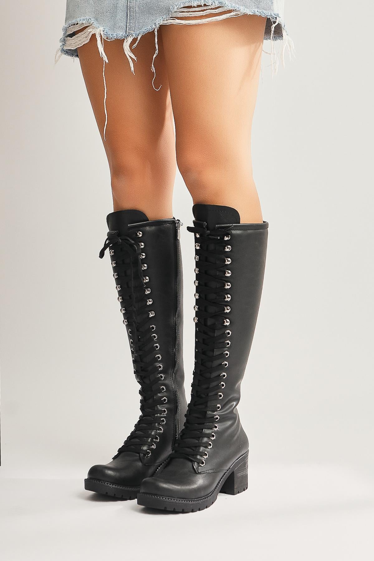 Annika Black Lace-Up Chunky Heeled Combat Boots