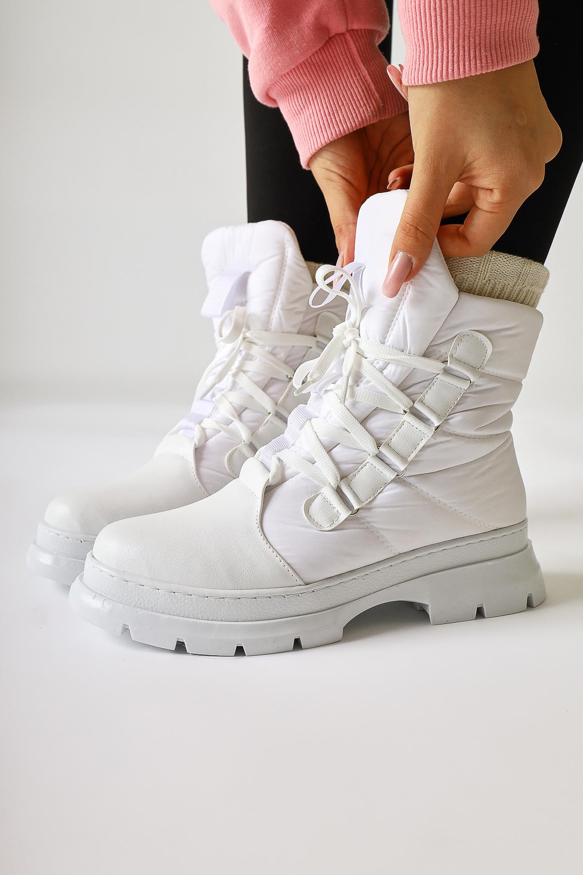 Anri White Leather Detailed Parachute Fabric Lace-Up Boots