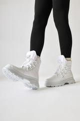 Anri White Leather Detailed Parachute Fabric Lace-Up Boots