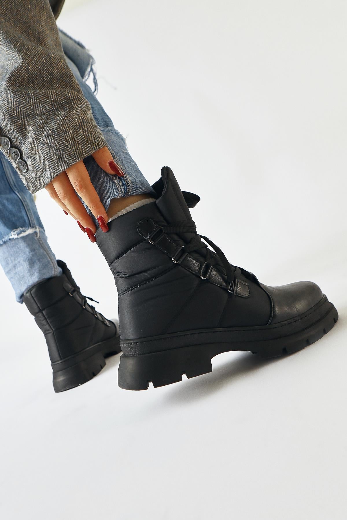 Anri Black Leather Detailed Parachute Fabric Lace-Up Boots