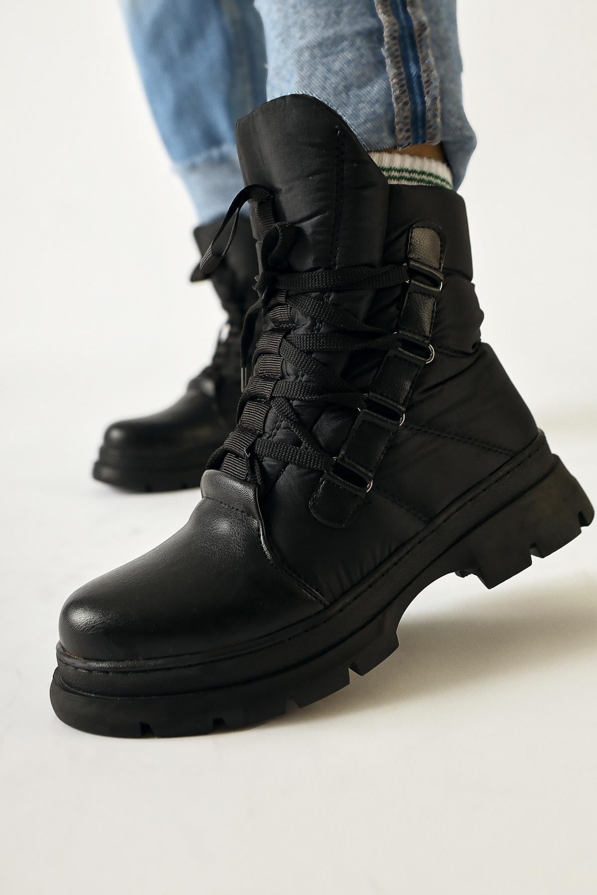 Anri Black Leather Detailed Parachute Fabric Lace-Up Boots