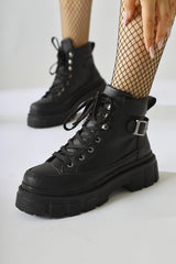 Areeya Black Thick-Soled Buckle Detailed Sports Boots