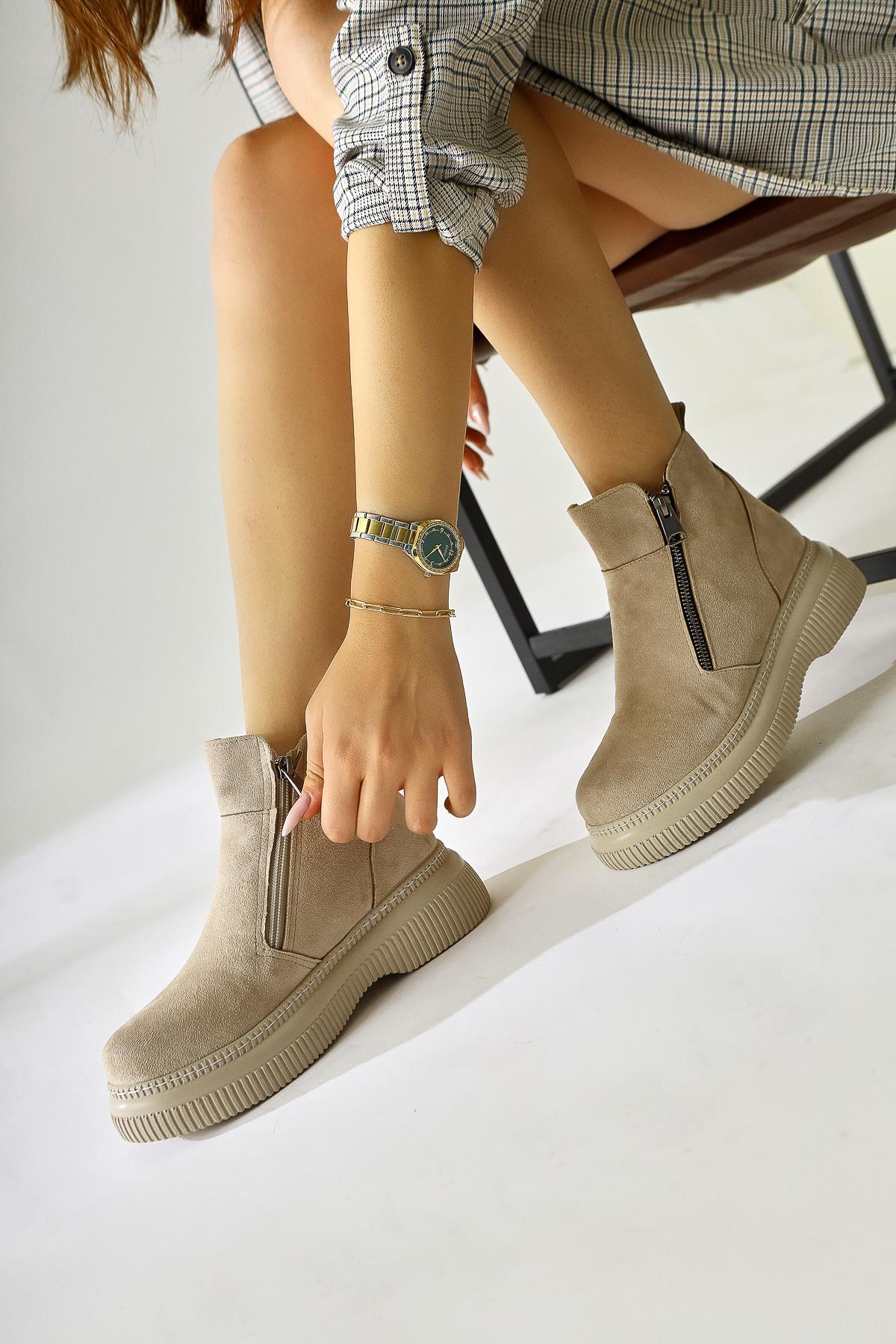 Avina Beige Suede Zipper Detailed Short Boots