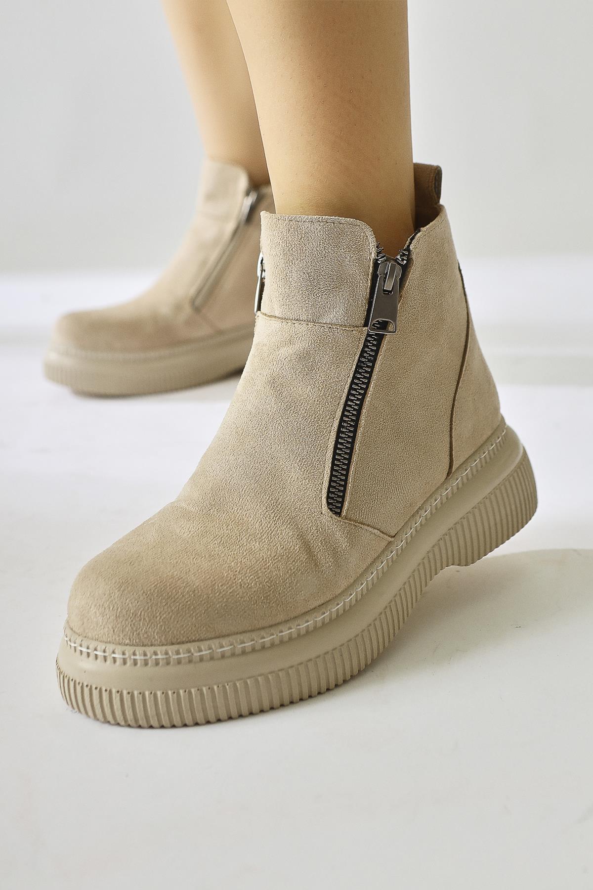 Avina Beige Suede Zipper Detailed Short Boots