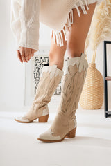 Spring Beige Suede Embroidered Leather Detailed Heeled Western Boots