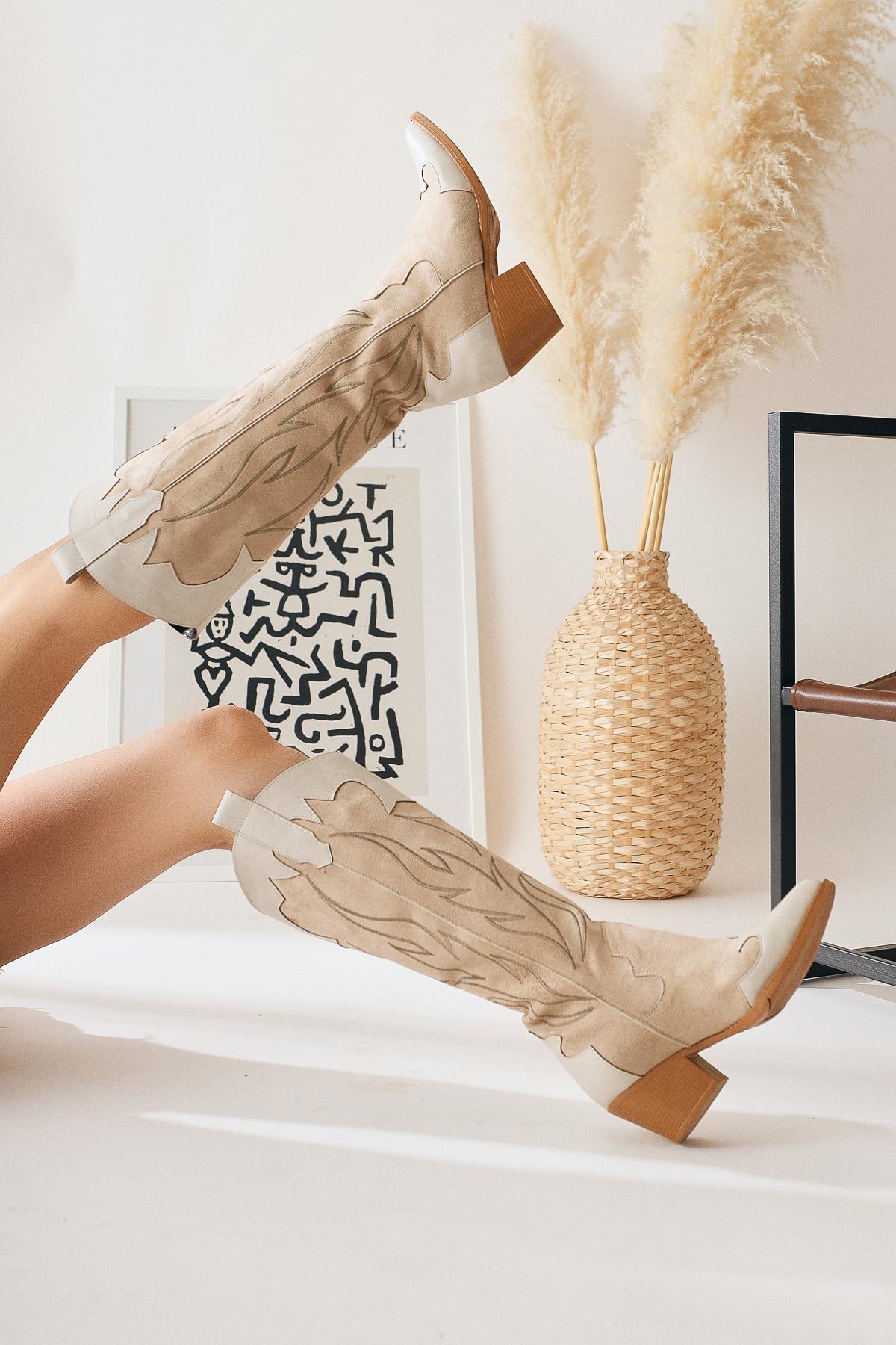 Spring Beige Suede Embroidered Leather Detailed Heeled Western Boots