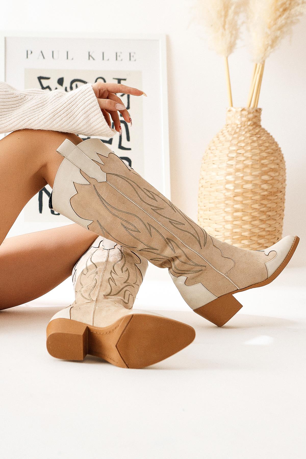 Spring Beige Suede Embroidered Leather Detailed Heeled Western Boots