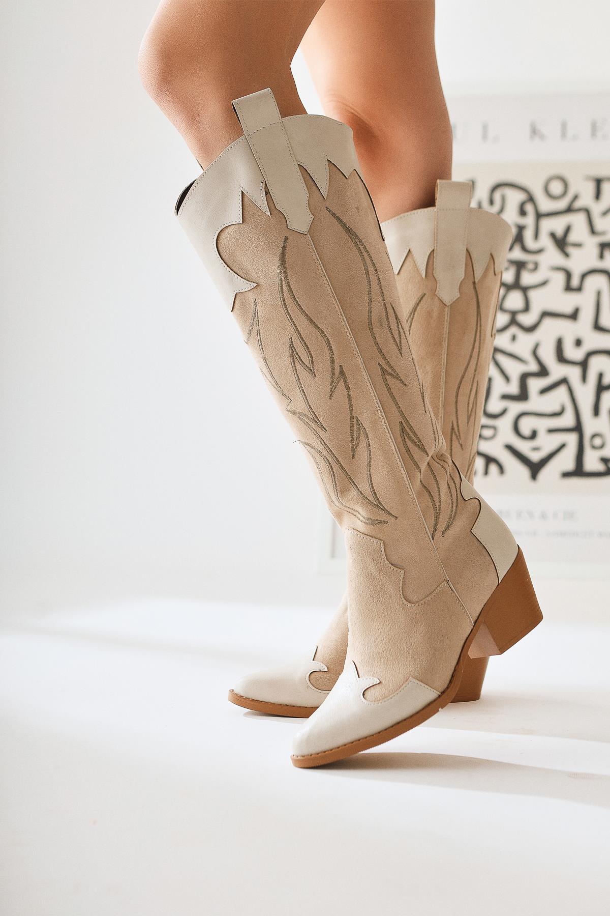 Spring Beige Suede Embroidered Leather Detailed Heeled Western Boots