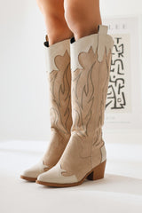 Spring Beige Suede Embroidered Leather Detailed Heeled Western Boots