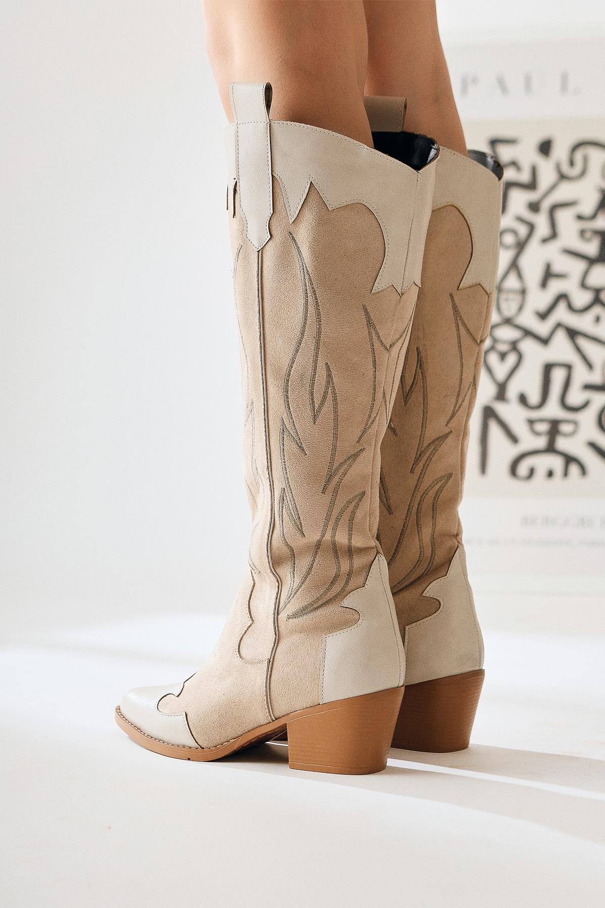 Spring Beige Suede Embroidered Leather Detailed Heeled Western Boots