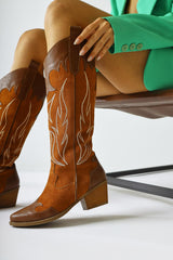 Spring Brown Suede Embroidered Leather Detailed Heeled Western Boots