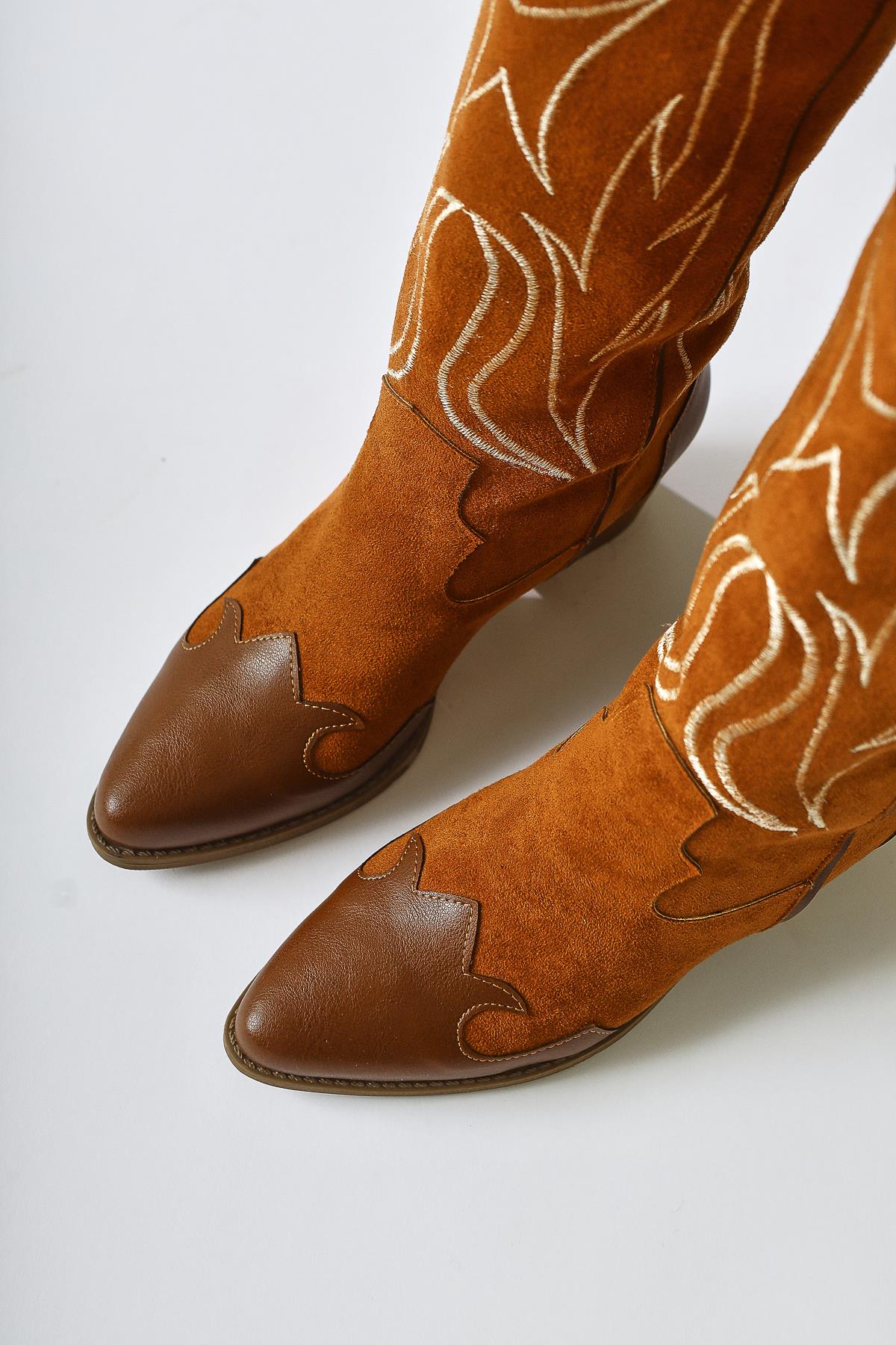 Spring Brown Suede Embroidered Leather Detailed Heeled Western Boots