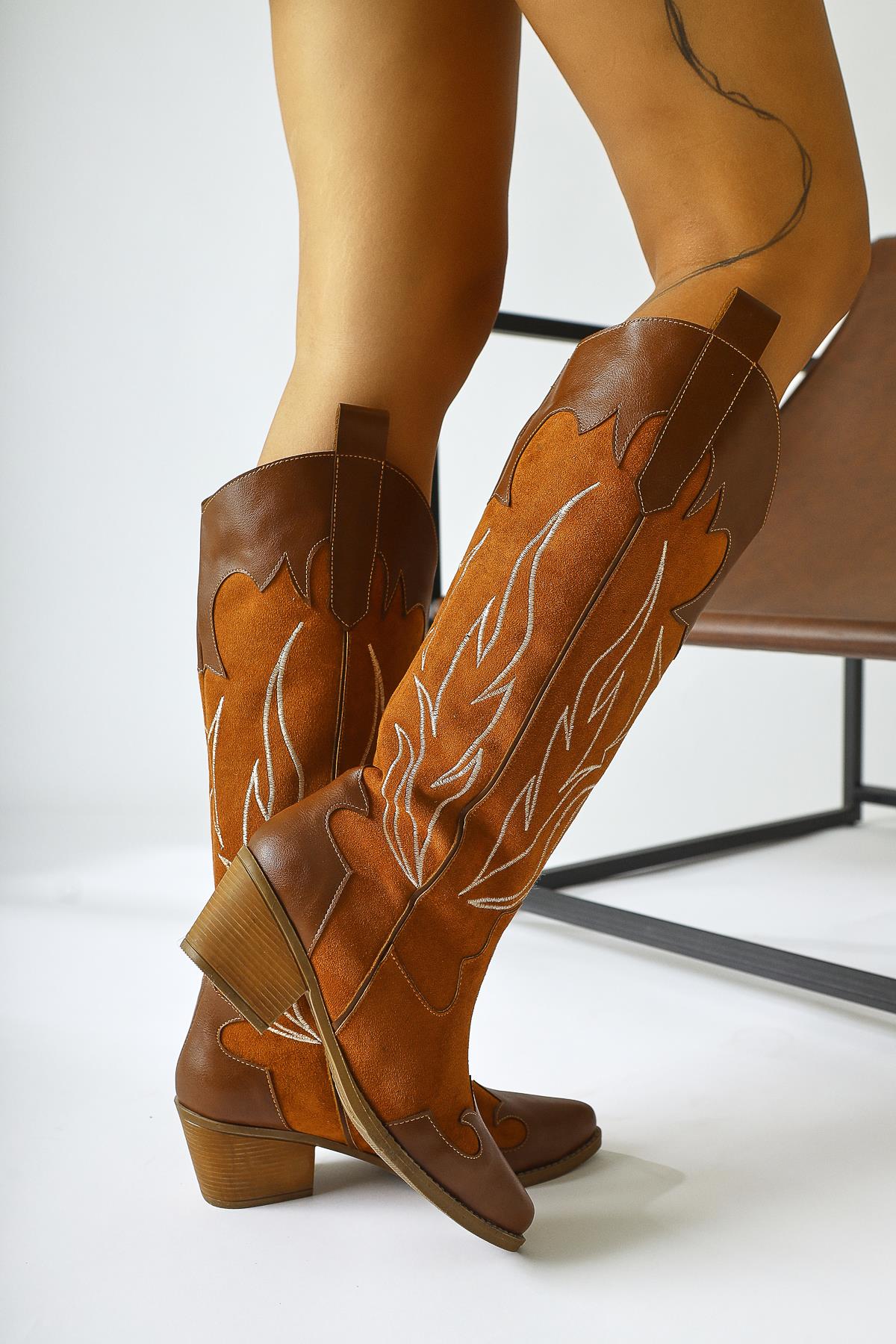 Spring Brown Suede Embroidered Leather Detailed Heeled Western Boots