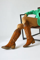 Spring Brown Suede Embroidered Leather Detailed Heeled Western Boots