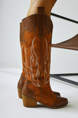 Spring Brown Suede Embroidered Leather Detailed Heeled Western Boots