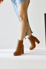 Bahiya Tan Oval Toe Zippered Heeled Boots