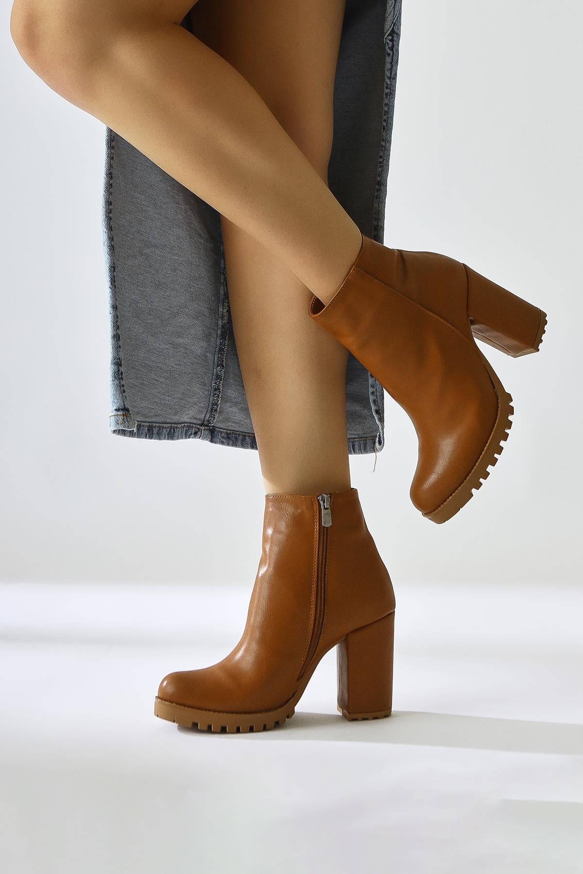 Bahiya Tan Oval Toe Zippered Heeled Boots