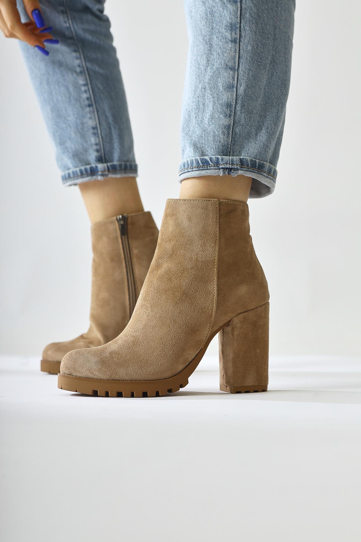 Bahiya Mink Suede Oval Toe Zippered Heeled Boots