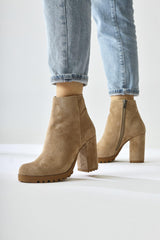 Bahiya Mink Suede Oval Toe Zippered Heeled Boots