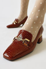 Bee Claret Red Crocodile Printed Leather Buckle Detailed Blunt Toe Casual Shoes