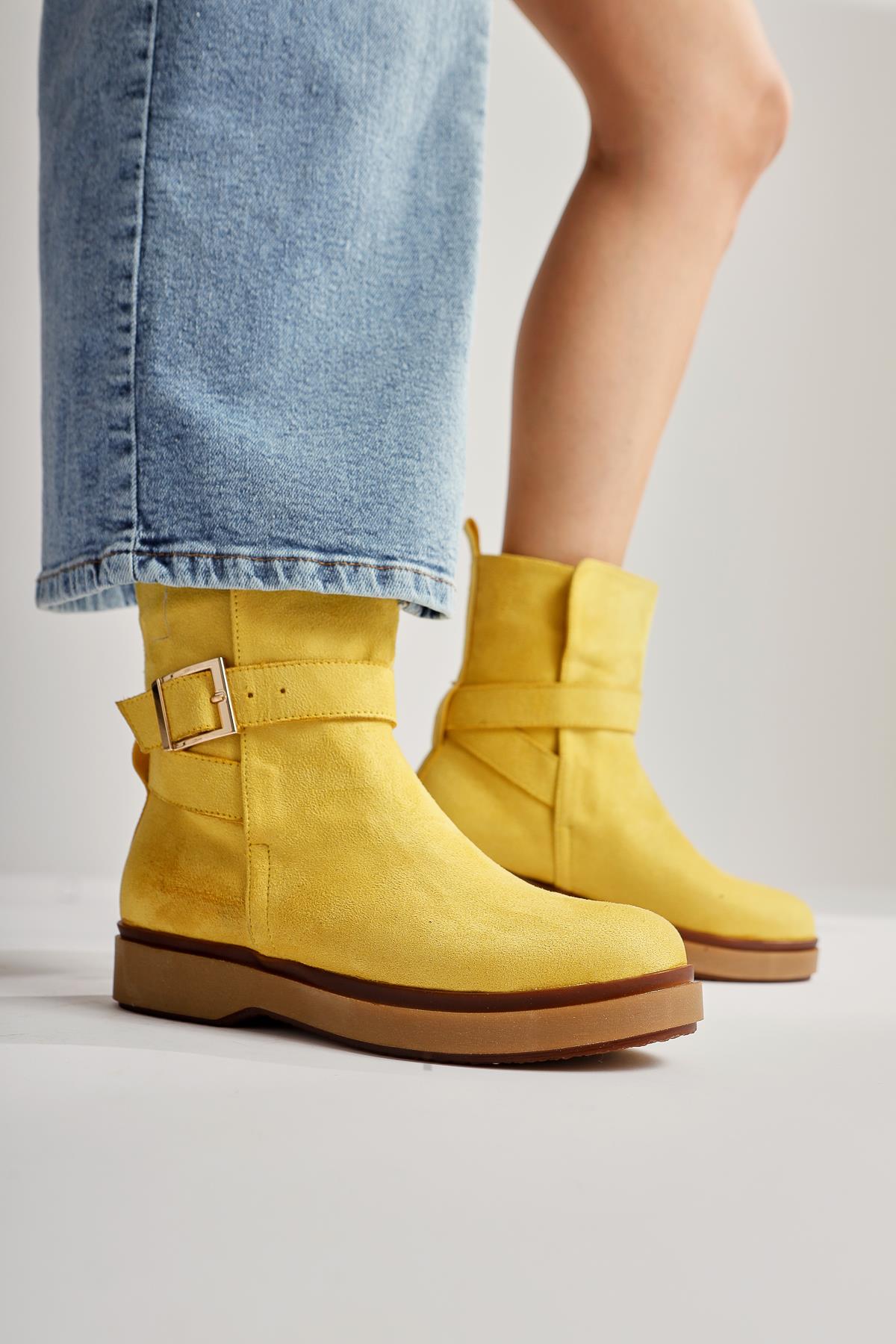 Behnoush Yellow Suede Oval Toe Buckle Detailed Boots