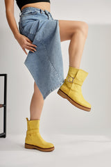 Behnoush Yellow Suede Oval Toe Buckle Detailed Boots