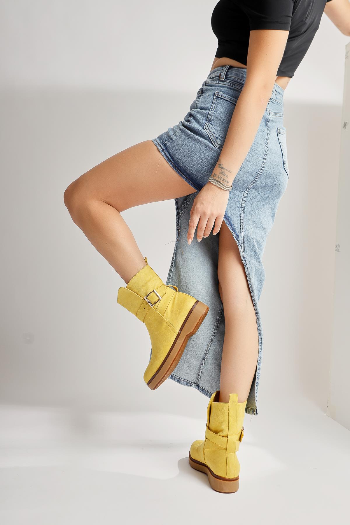 Behnoush Yellow Suede Oval Toe Buckle Detailed Boots