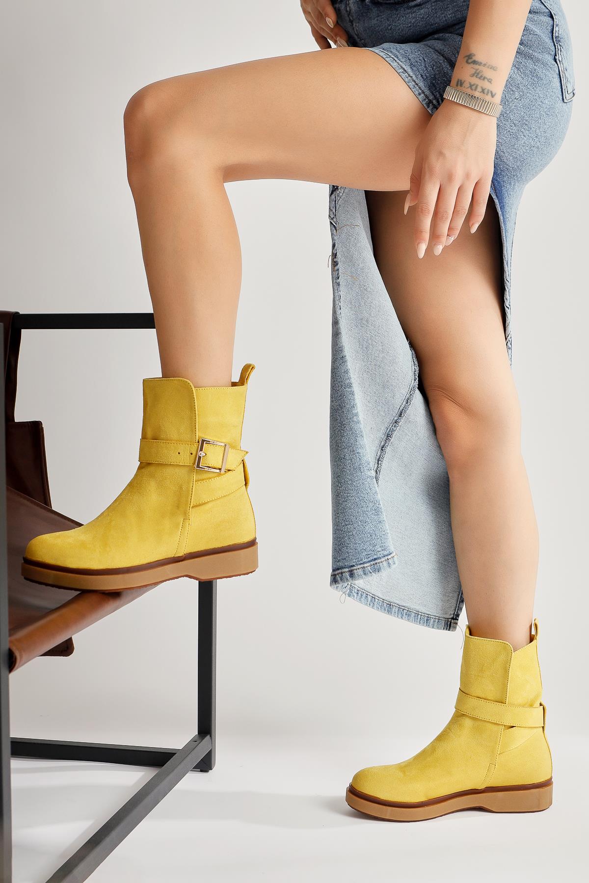 Behnoush Yellow Suede Oval Toe Buckle Detailed Boots