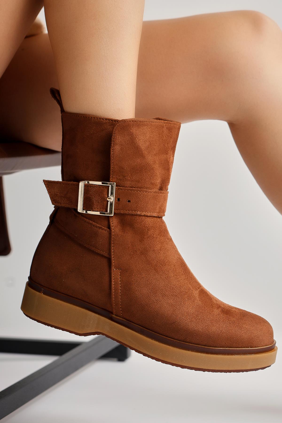 Behnoush Tan Suede Oval Toe Buckle Detailed Boots