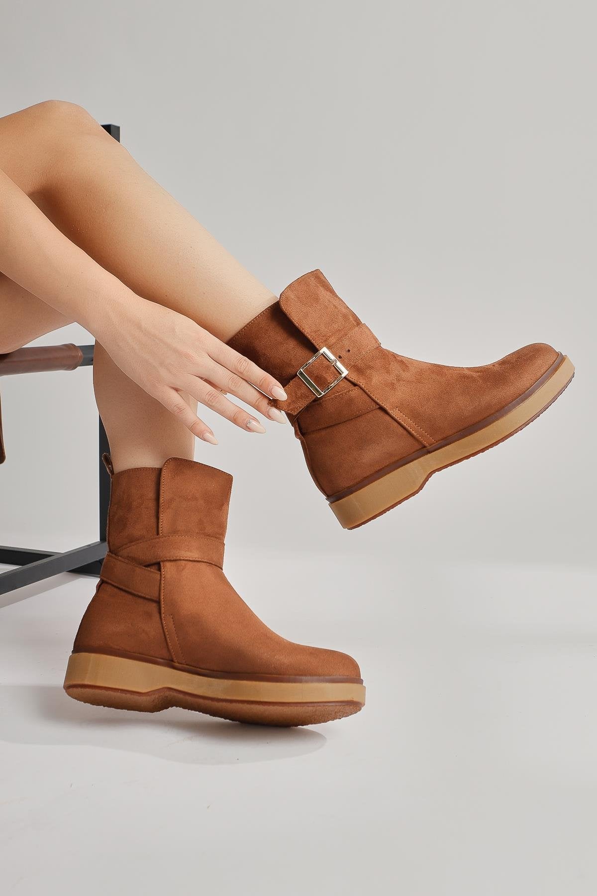 Behnoush Tan Suede Oval Toe Buckle Detailed Boots