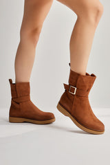 Behnoush Tan Suede Oval Toe Buckle Detailed Boots