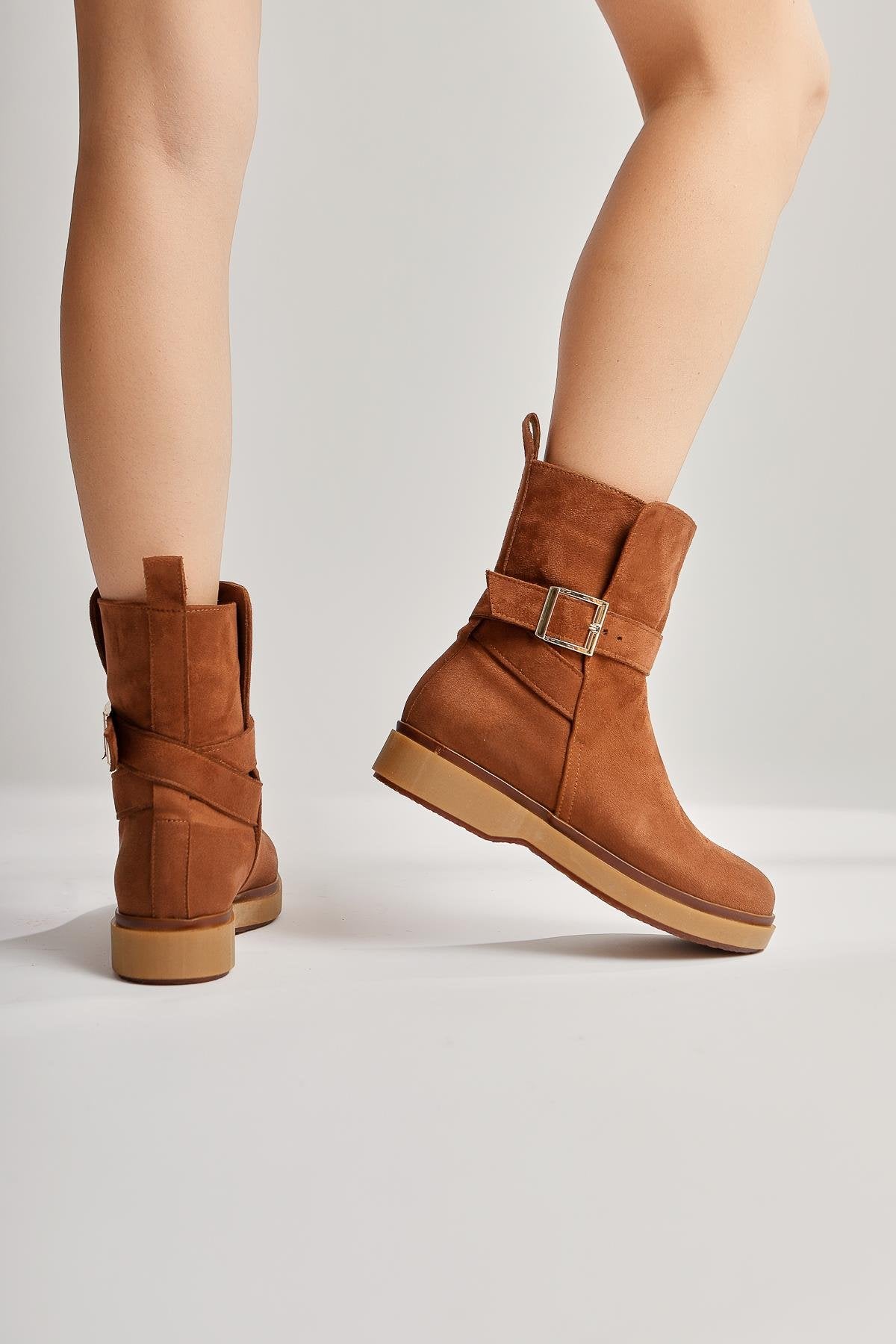 Behnoush Tan Suede Oval Toe Buckle Detailed Boots