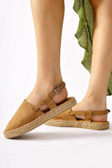 Belina Brown Suede Closed Toe Straw Soled Sandals