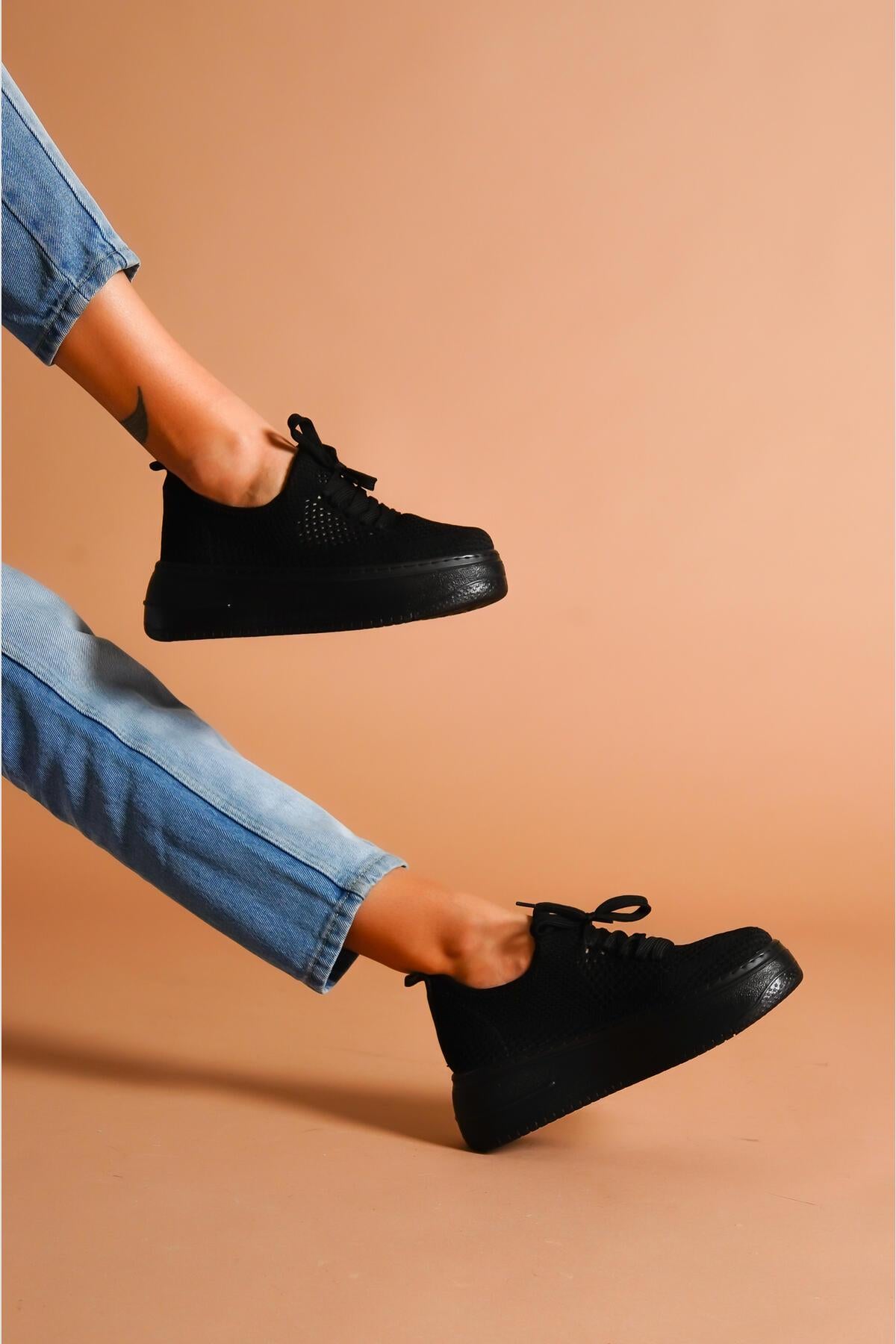 Benito Black Knit Stretch Thick Soled Sneakers