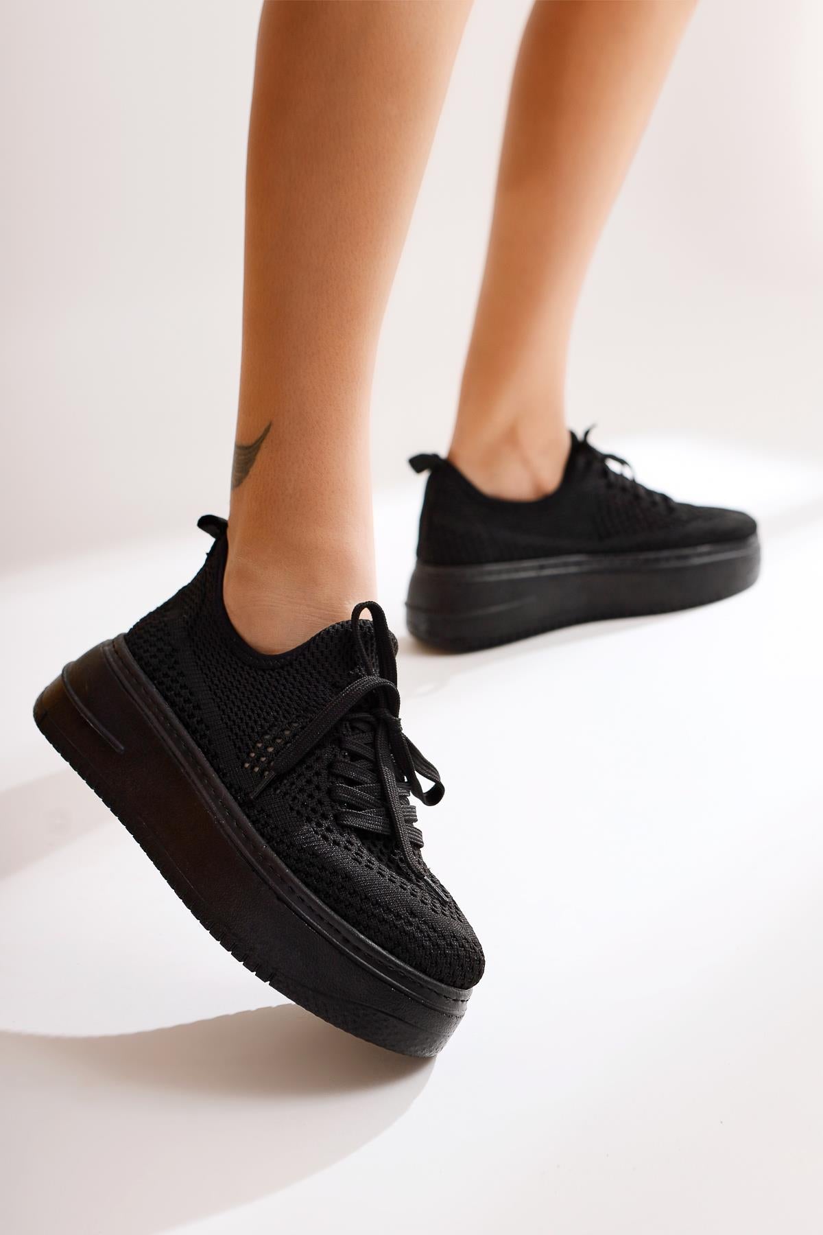 Benito Black Knit Stretch Thick Soled Sneakers