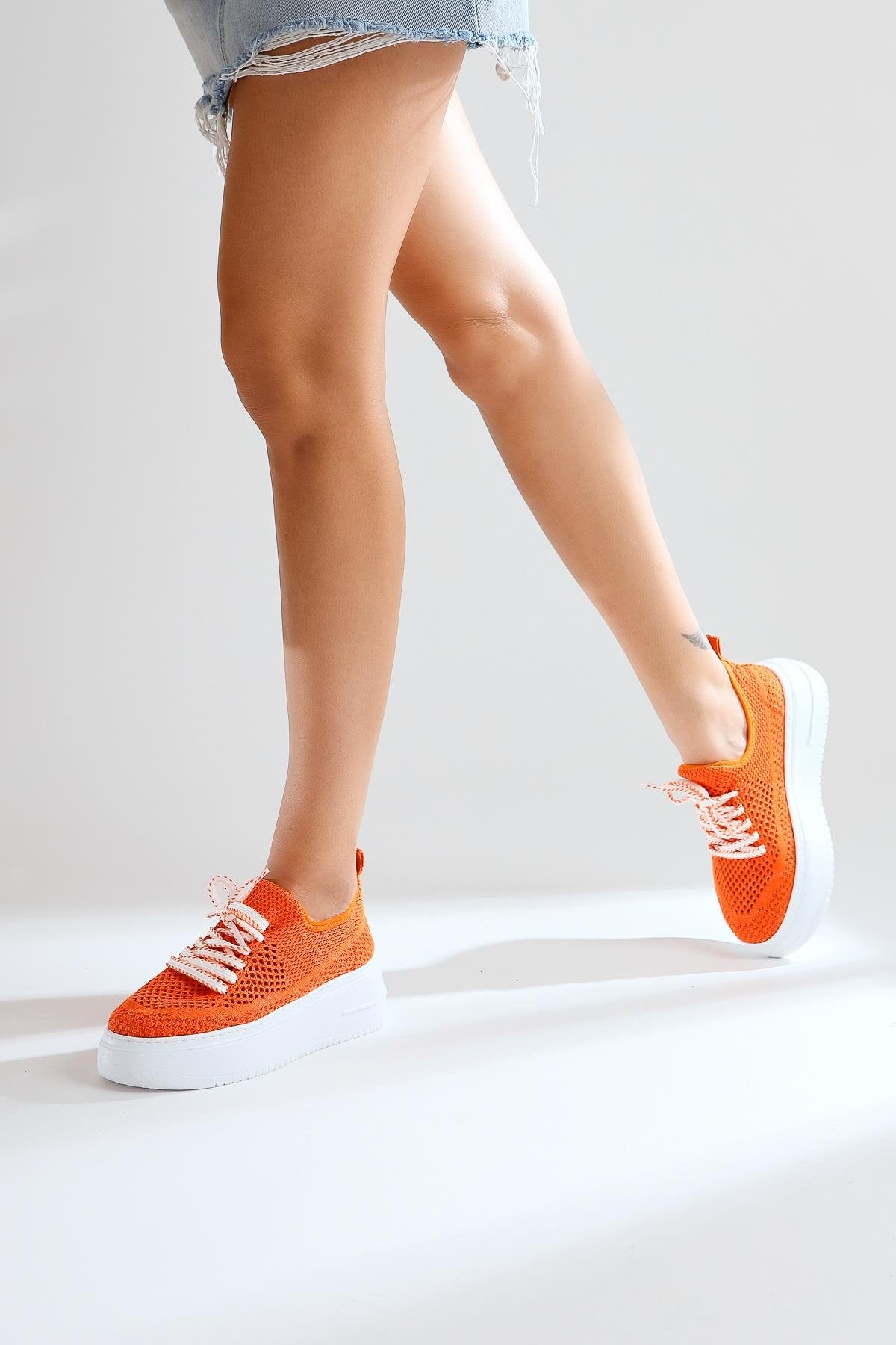 Benito Orange Knit Stretch Thick Soled Sneakers