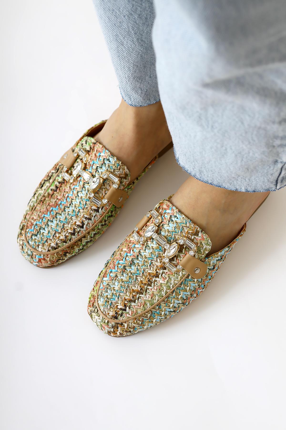 Benny Straw Slippers with Multicolored Stone Buckle Detail