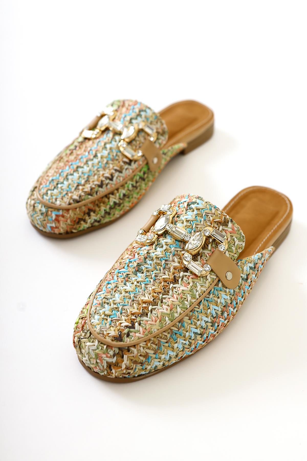 Benny Straw Slippers with Multicolored Stone Buckle Detail