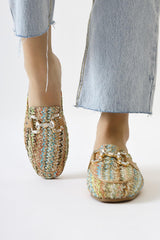 Benny Straw Slippers with Multicolored Stone Buckle Detail