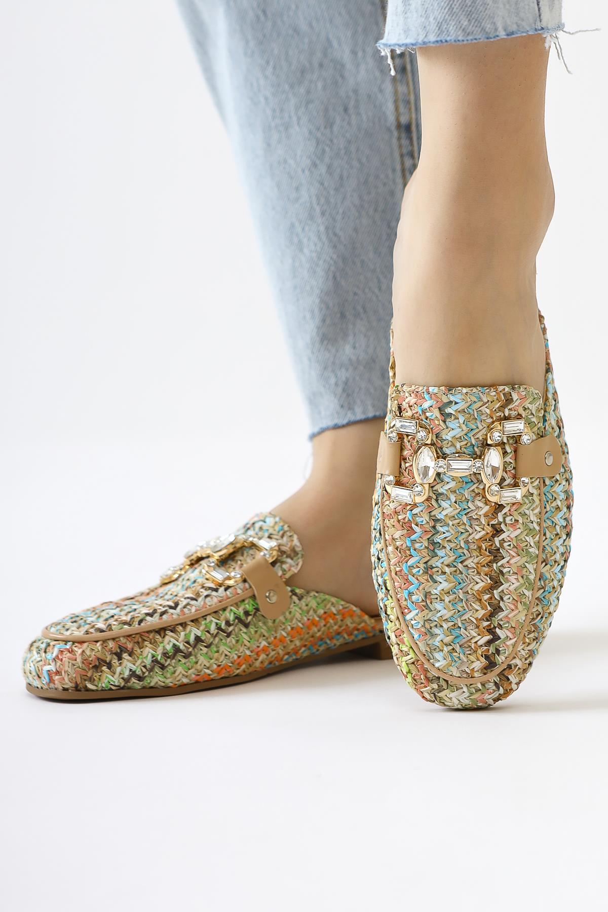 Benny Straw Slippers with Multicolored Stone Buckle Detail