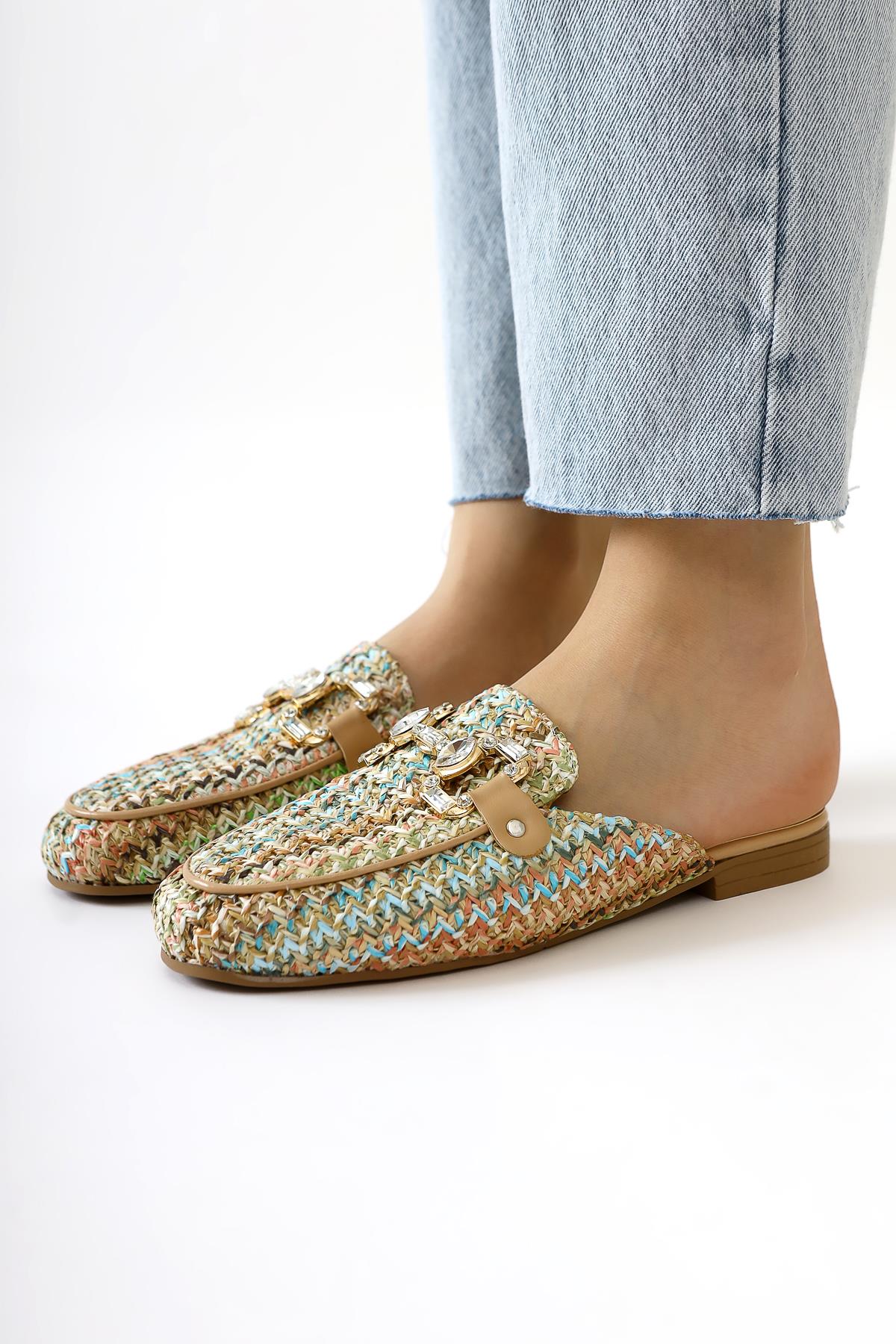 Benny Straw Slippers with Multicolored Stone Buckle Detail