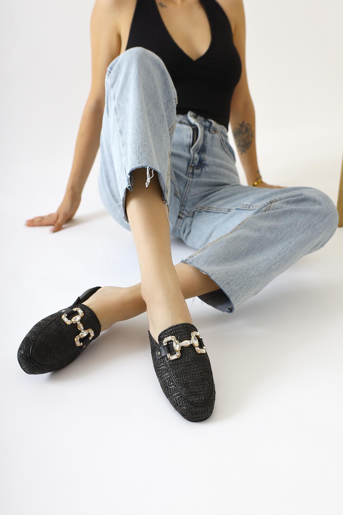 Benny Black Stone Buckle Detailed Straw Slippers