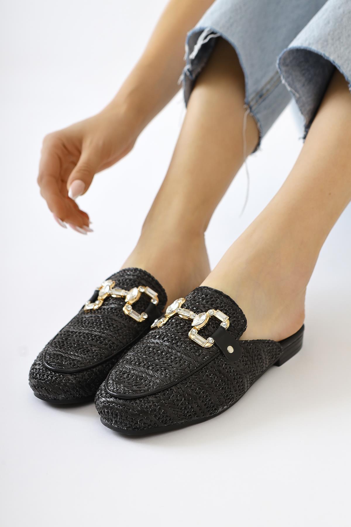 Benny Black Stone Buckle Detailed Straw Slippers