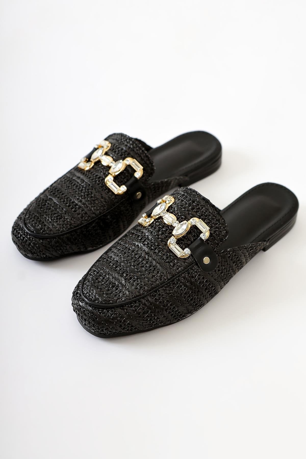 Benny Black Stone Buckle Detailed Straw Slippers